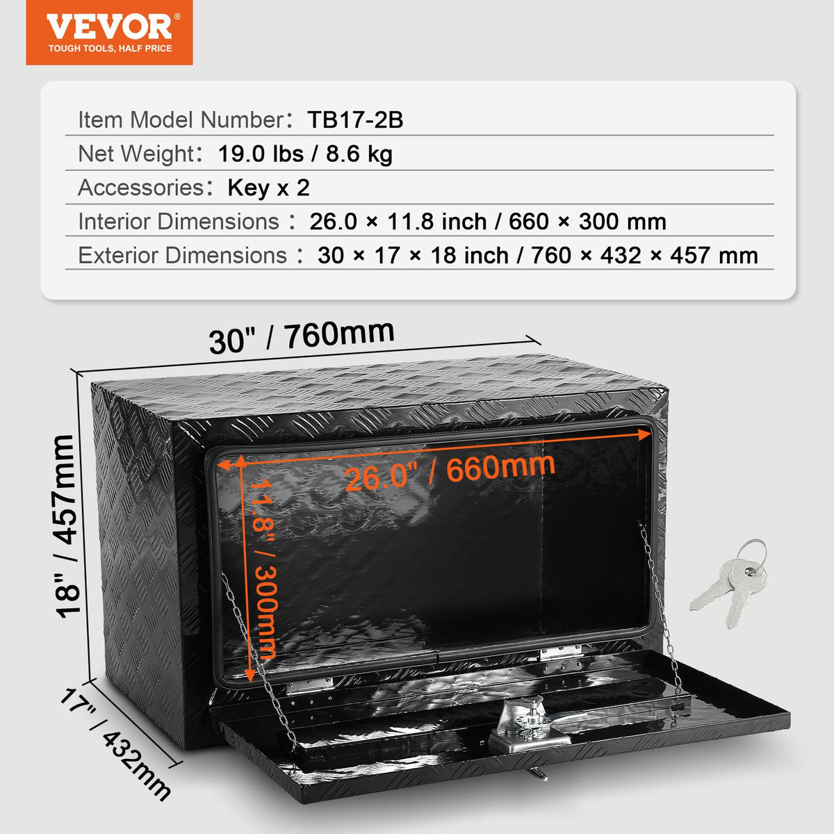 VEVOR Underbody Truck Box, 30" x 17" x 18" Pickup Storage Box, Heavy Duty Aluminum Diamond Plate Tool Box with Lock and Keys, Waterproof Trailer Storage Box with T-Handle Latch for Truck, Van, Trailer - CDKCGJX23017UOUSBV0 - view 8