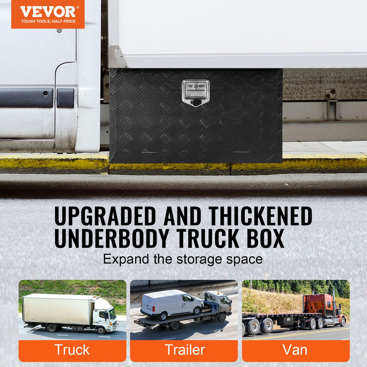 VEVOR Underbody Truck Box, 36" x 14" x 16" Pickup Storage Box, Heavy Duty Aluminum Diamond Plate Tool Box with Lock and Keys, Waterproof Trailer Storage Box with T-Handle Latch for Truck, Van, Trailer - CDKCGJX23614APLNHV0 - view 3