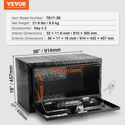 VEVOR Underbody Truck Box, 36" x 17" x 18" Pickup Storage Box, Heavy Duty Aluminum Diamond Plate Tool Box with Lock and Keys, Waterproof Trailer Storage Box with T-Handle Latch for Truck, Van, Trailer - CDKCGJX23617M29BSV0 - view 8