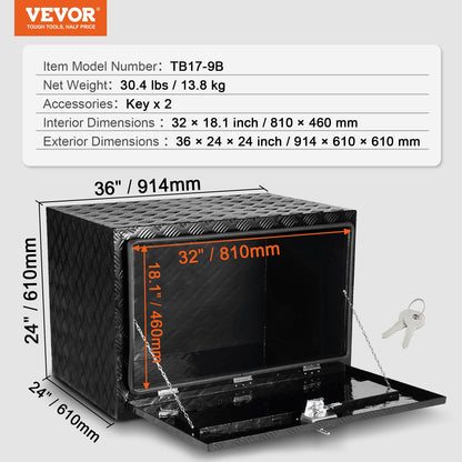 VEVOR Underbody Truck Box, 36" x 24" x 24" Pickup Storage Box, Heavy Duty Aluminum Diamond Plate Tool Box with Lock and Keys, Waterproof Trailer Storage Box with T-Handle Latch for Truck, Van, Trailer - CDKCGJX23624KJ1CAV0 - view 8