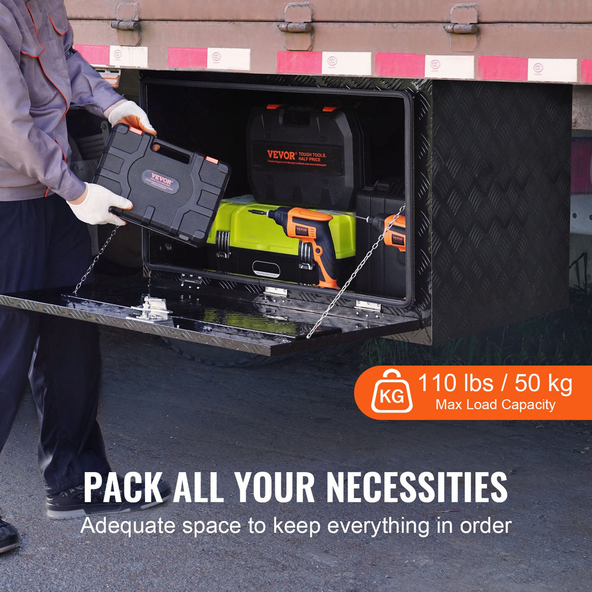 VEVOR Underbody Truck Box, 48" x 17" x 18" Pickup Storage Box, Heavy Duty Aluminum Diamond Plate Tool Box with Lock and Keys, Waterproof Trailer Storage Box with T-Handle Latch for Truck, Van, Trailer - CDKCGJX24817J8QMNV0 - view 4