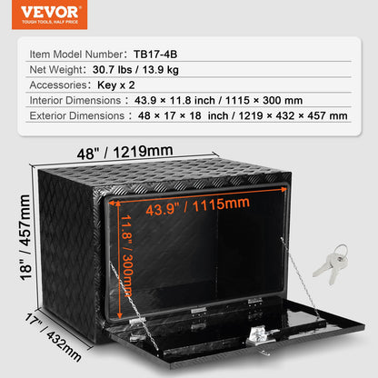 VEVOR Underbody Truck Box, 48" x 17" x 18" Pickup Storage Box, Heavy Duty Aluminum Diamond Plate Tool Box with Lock and Keys, Waterproof Trailer Storage Box with T-Handle Latch for Truck, Van, Trailer - CDKCGJX24817J8QMNV0 - view 8