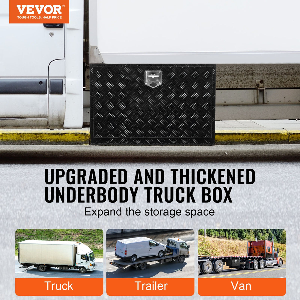 VEVOR Underbody Truck Box, 48" x 24" x 24" Pickup Storage Box, Heavy Duty Aluminum Diamond Plate Tool Box with Lock and Keys, Waterproof Trailer Storage Box with T-Handle Latch for Truck, Van, Trailer - CDKCGJX24824B5YRSV0 - view 3
