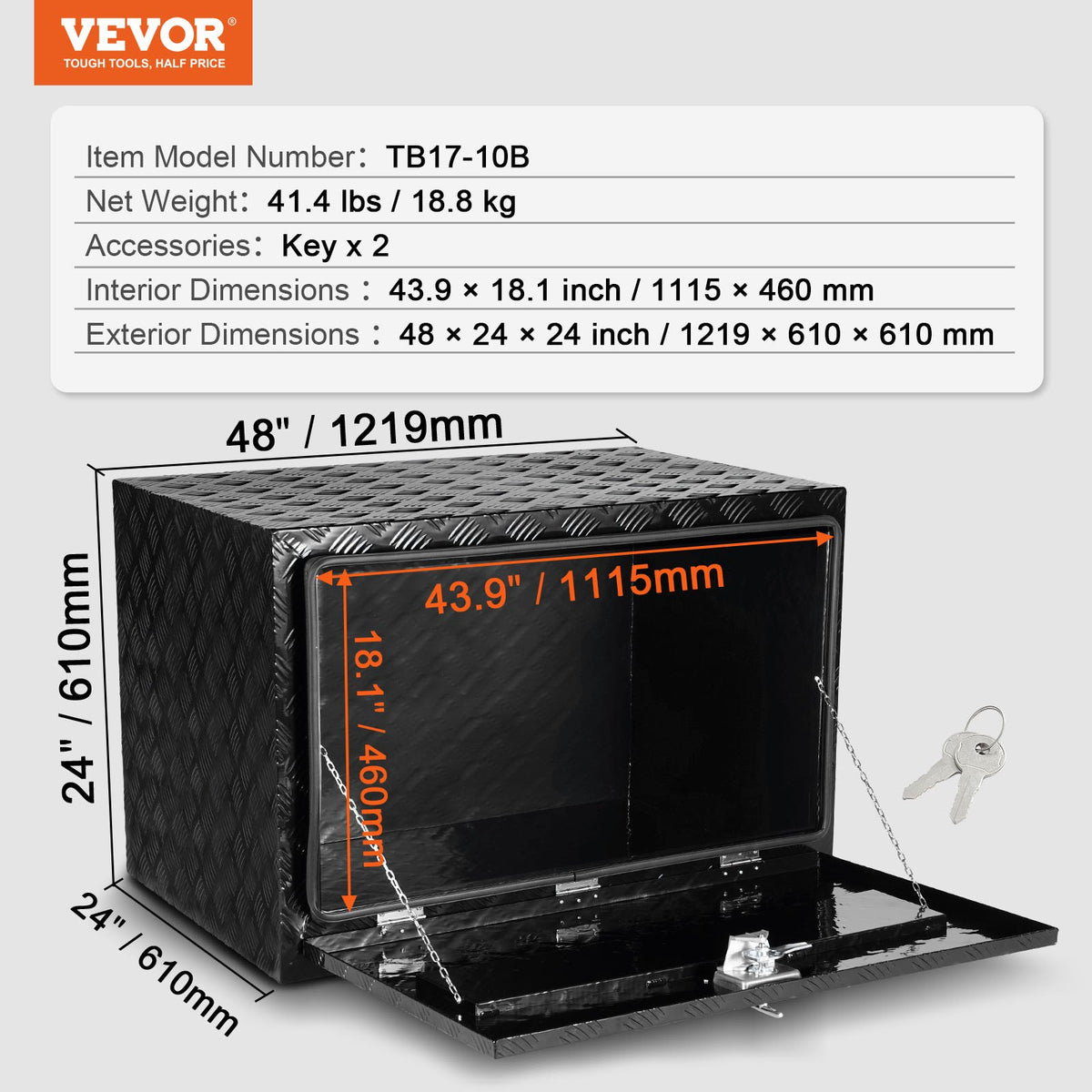 VEVOR Underbody Truck Box, 48" x 24" x 24" Pickup Storage Box, Heavy Duty Aluminum Diamond Plate Tool Box with Lock and Keys, Waterproof Trailer Storage Box with T-Handle Latch for Truck, Van, Trailer - CDKCGJX24824B5YRSV0 - view 8