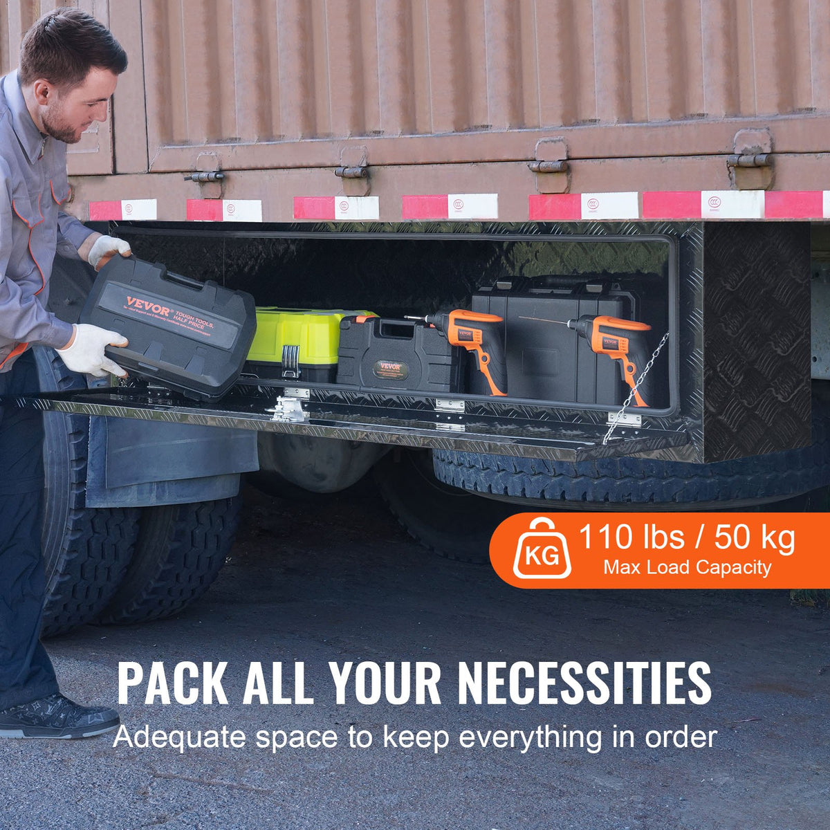 VEVOR Underbody Truck Box, 60" x 17" x 18" Pickup Storage Box, Heavy Duty Aluminum Diamond Plate Tool Box with Lock and Keys, Waterproof Trailer Storage Box with T-Handle Latch for Truck, Van, Trailer - CDKCGJX26017EYJ1NV0 - view 4
