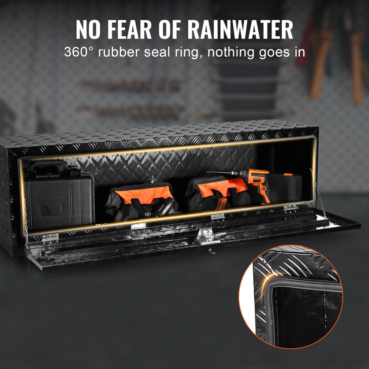 VEVOR Underbody Truck Box, 60" x 17" x 18" Pickup Storage Box, Heavy Duty Aluminum Diamond Plate Tool Box with Lock and Keys, Waterproof Trailer Storage Box with T-Handle Latch for Truck, Van, Trailer - CDKCGJX26017EYJ1NV0 - view 6