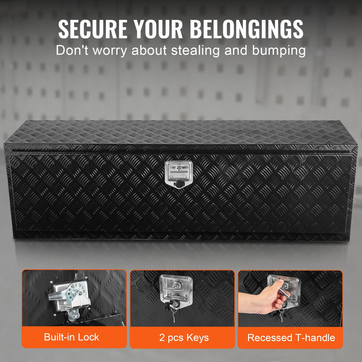 VEVOR Underbody Truck Box, 60" x 17" x 18" Pickup Storage Box, Heavy Duty Aluminum Diamond Plate Tool Box with Lock and Keys, Waterproof Trailer Storage Box with T-Handle Latch for Truck, Van, Trailer - CDKCGJX26017EYJ1NV0 - view 7