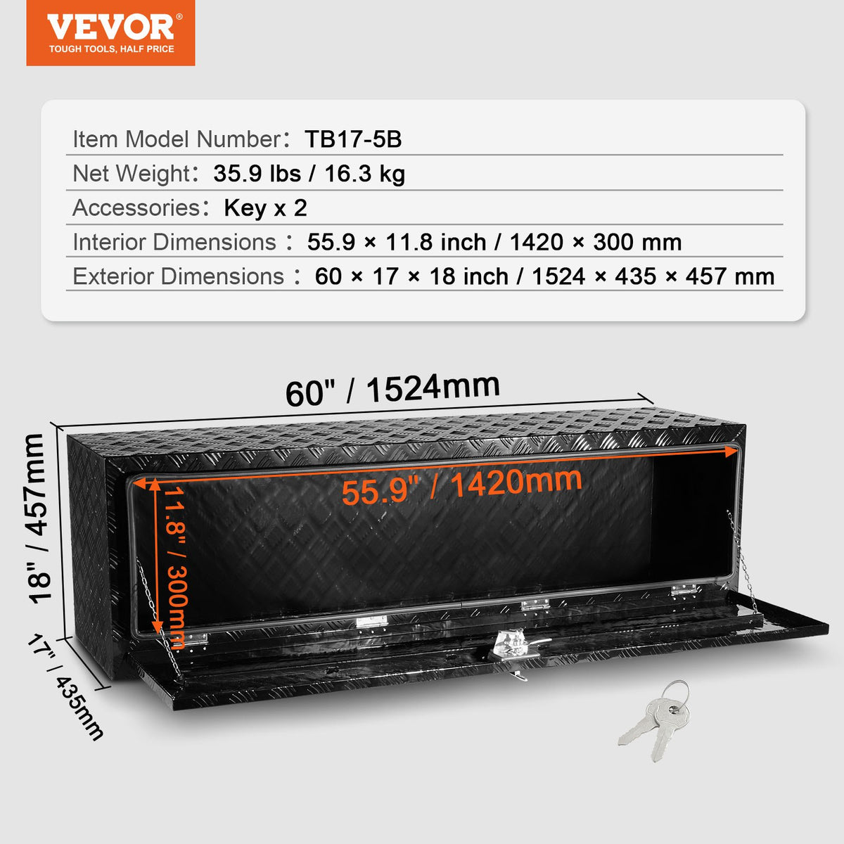VEVOR Underbody Truck Box, 60" x 17" x 18" Pickup Storage Box, Heavy Duty Aluminum Diamond Plate Tool Box with Lock and Keys, Waterproof Trailer Storage Box with T-Handle Latch for Truck, Van, Trailer - CDKCGJX26017EYJ1NV0 - view 8