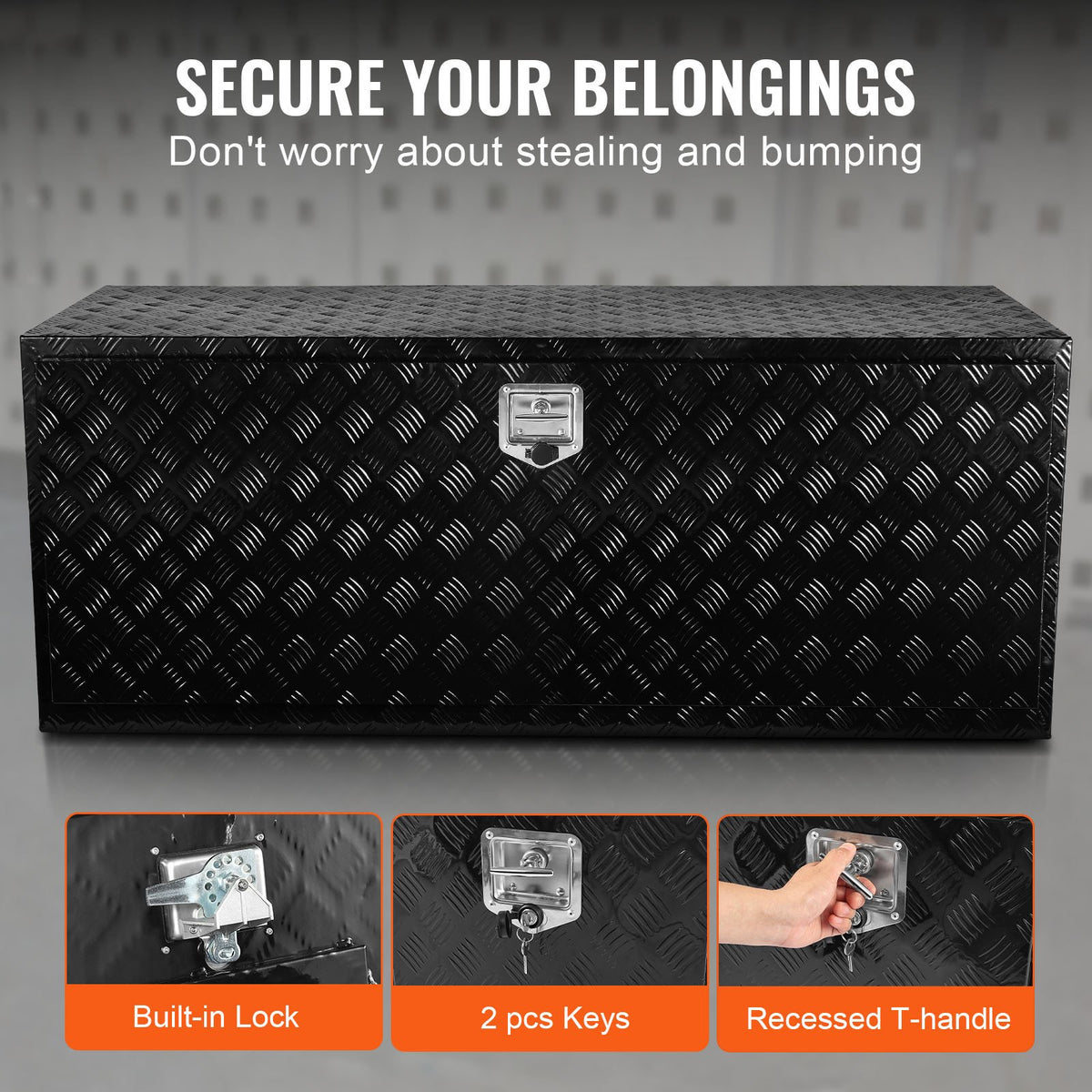 VEVOR Underbody Truck Box, 60" x 24" x 24" Pickup Storage Box, Heavy Duty Aluminum Diamond Plate Tool Box with Lock and Keys, Waterproof Trailer Storage Box with T-Handle Latch for Truck, Van, Trailer - CDKCGJX26024BFEV0V0 - view 7