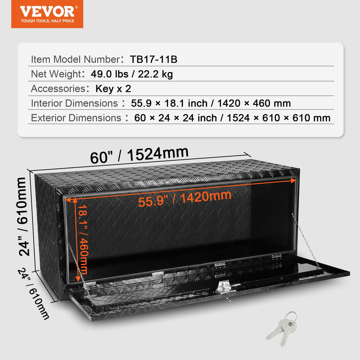 VEVOR Underbody Truck Box, 60" x 24" x 24" Pickup Storage Box, Heavy Duty Aluminum Diamond Plate Tool Box with Lock and Keys, Waterproof Trailer Storage Box with T-Handle Latch for Truck, Van, Trailer - CDKCGJX26024BFEV0V0 - view 8