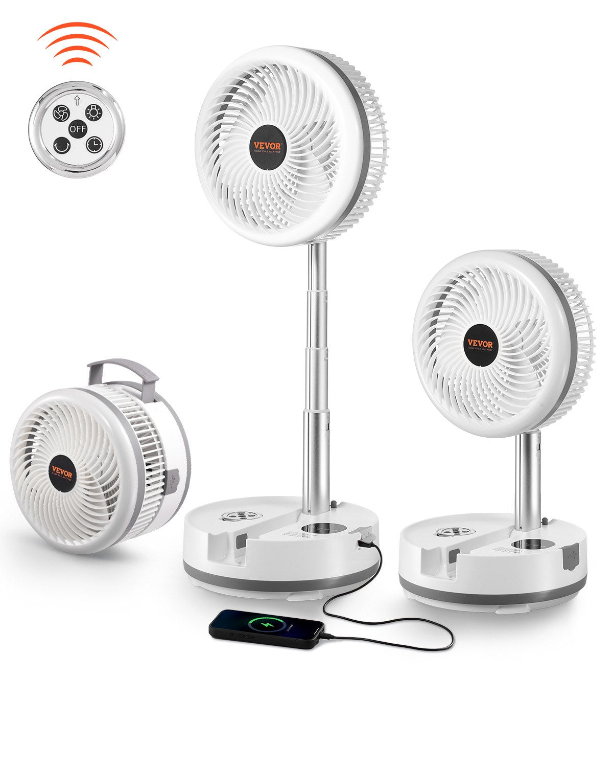 VEVOR 10 inch Portable Foldable Rechargeable Oscillating Fan, 3-in-1 Battery Operated with Remote Control, Quiet Desk/Table Pedestal Fan, 9 Speeds,90-degree Auto Left/Right Rotation,for Home,Office - CDS10INCHSSS5M3K3001V1 - view 1