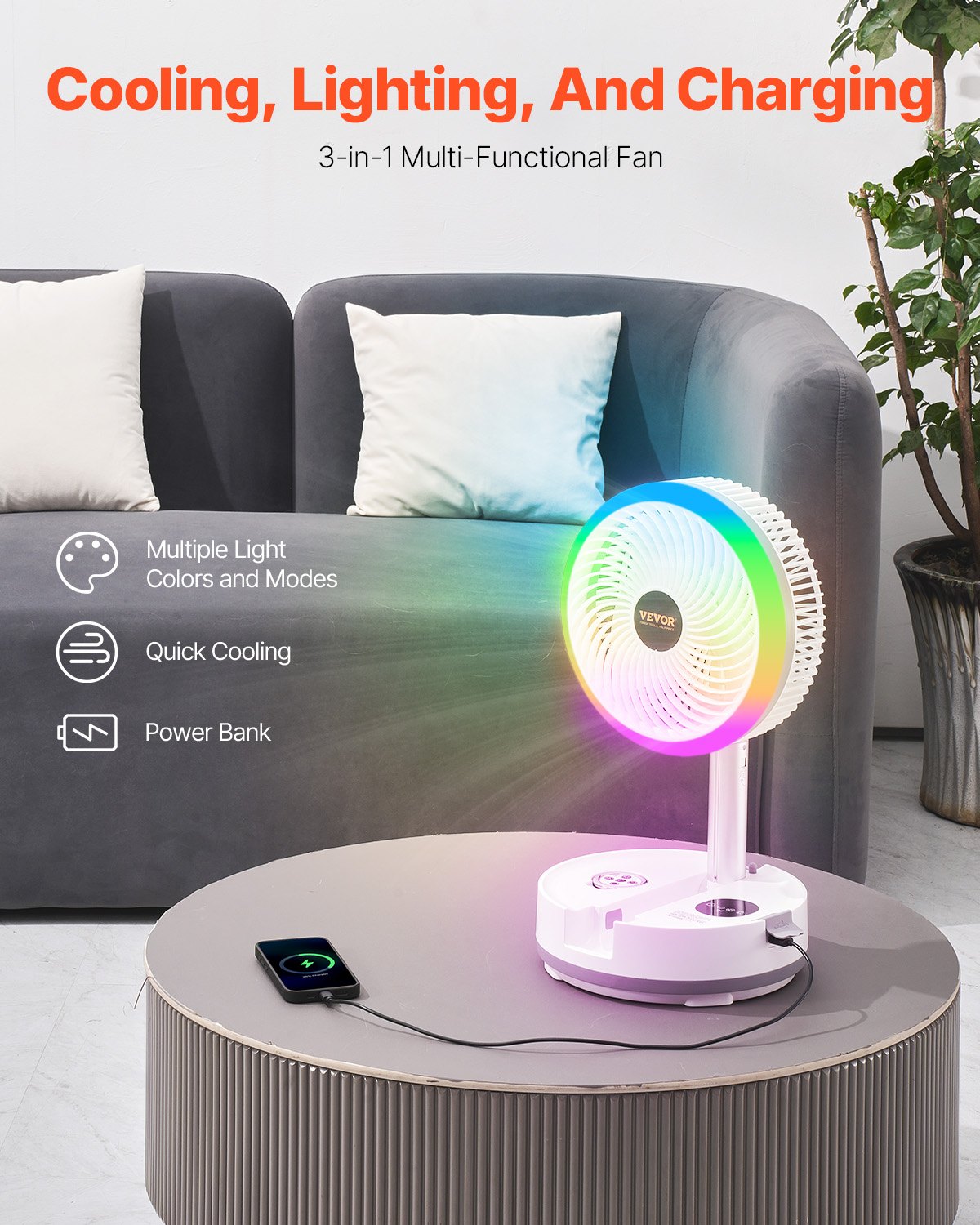 VEVOR 10 inch Portable Foldable Rechargeable Oscillating Fan, 3-in-1 Battery Operated with Remote Control, Quiet Desk/Table Pedestal Fan, 9 Speeds,90-degree Auto Left/Right Rotation,for Home,Office - CDS10INCHSSS5M3K3001V1 - view 3