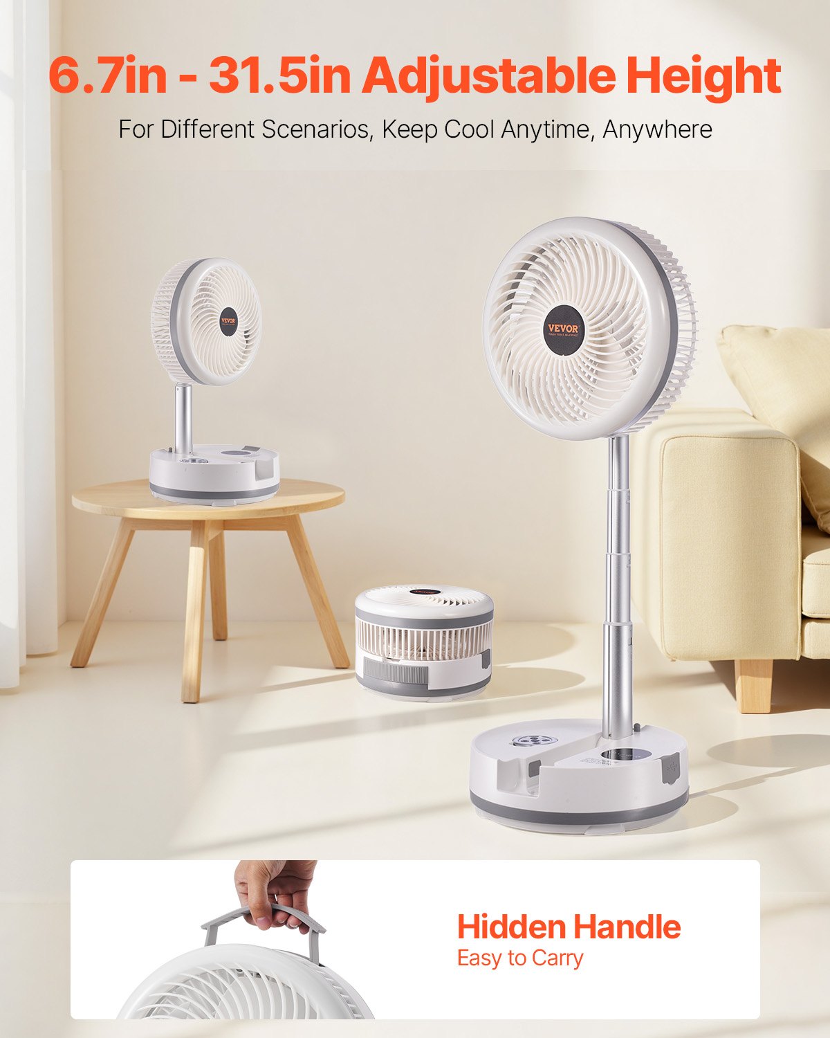 VEVOR 10 inch Portable Foldable Rechargeable Oscillating Fan, 3-in-1 Battery Operated with Remote Control, Quiet Desk/Table Pedestal Fan, 9 Speeds,90-degree Auto Left/Right Rotation,for Home,Office - CDS10INCHSSS5M3K3001V1 - view 4
