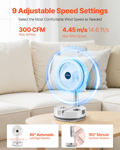 VEVOR 10 inch Portable Foldable Rechargeable Oscillating Fan, 3-in-1 Battery Operated with Remote Control, Quiet Desk/Table Pedestal Fan, 9 Speeds,90-degree Auto Left/Right Rotation,for Home,Office - CDS10INCHSSS5M3K3001V1 - view 5