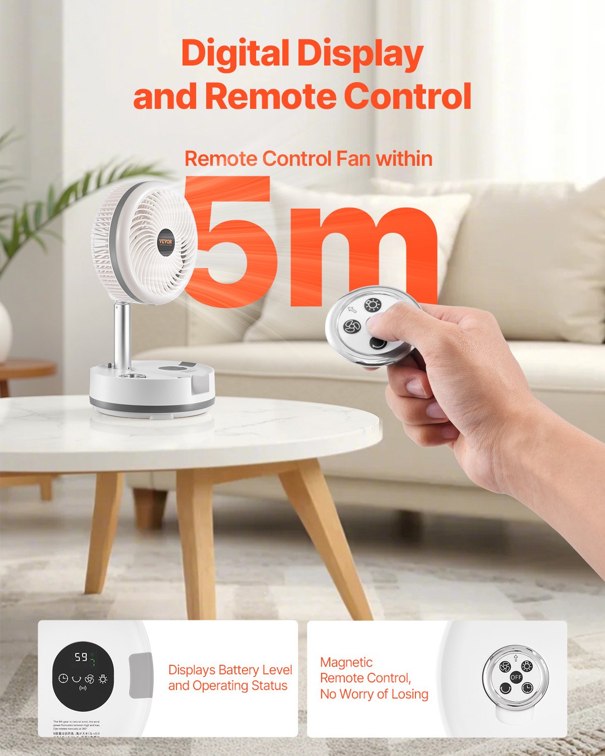 VEVOR 10 inch Portable Foldable Rechargeable Oscillating Fan, 3-in-1 Battery Operated with Remote Control, Quiet Desk/Table Pedestal Fan, 9 Speeds,90-degree Auto Left/Right Rotation,for Home,Office - CDS10INCHSSS5M3K3001V1 - view 7