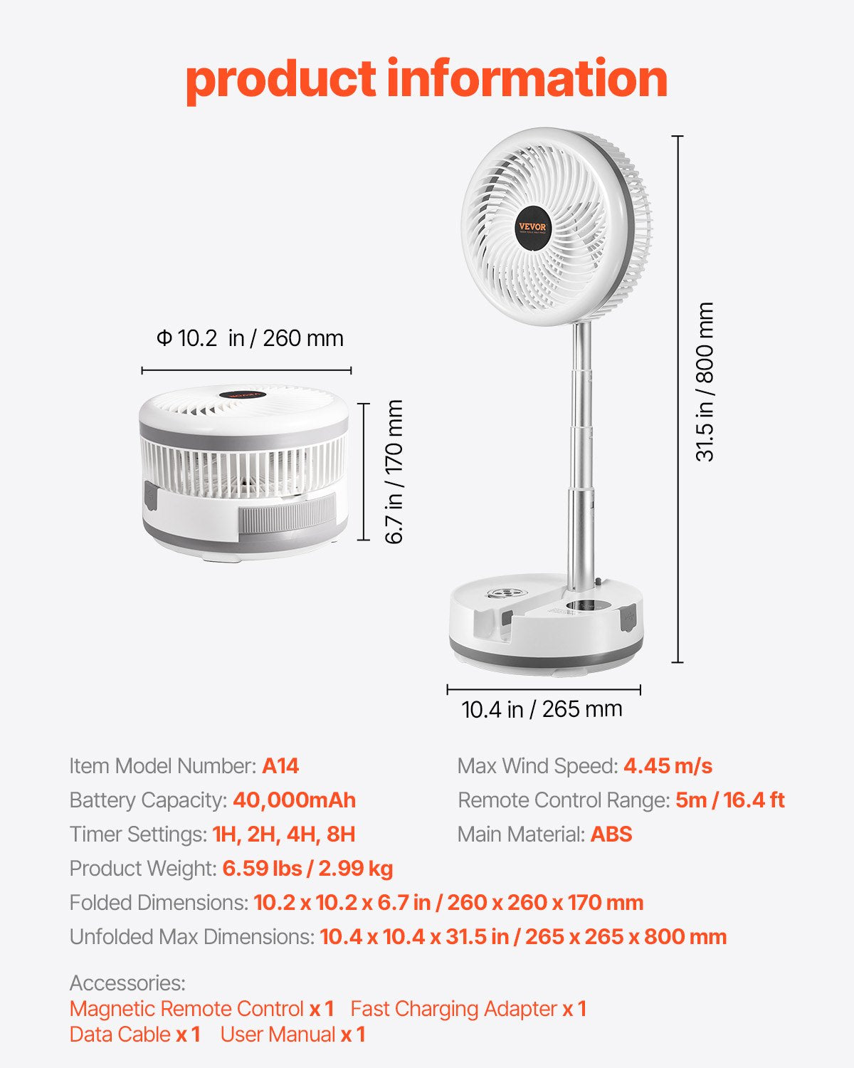 VEVOR 10 inch Portable Foldable Rechargeable Oscillating Fan, 3-in-1 Battery Operated with Remote Control, Quiet Desk/Table Pedestal Fan, 9 Speeds,90-degree Auto Left/Right Rotation,for Home,Office - CDS10INCHSSS5M3K3001V1 - view 8