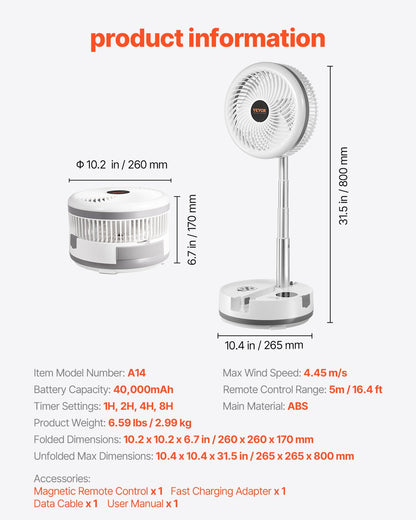 VEVOR 10 inch Portable Foldable Rechargeable Oscillating Fan, 3-in-1 Battery Operated with Remote Control, Quiet Desk/Table Pedestal Fan, 9 Speeds,90-degree Auto Left/Right Rotation,for Home,Office - CDS10INCHSSS5M3K3001V1 - view 8