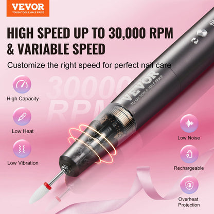 VEVOR Electric Cordless Nail Drill, 30,000RPM Variable-Speed Rechargeable Nail E File Machine, Portable Manicure Pedicure Polisher with 50PCS Sanding Bands for Dead Skin Removal, Nail Surface Smooth - CDSMJDMJBSZCPZS90V9 - view 3