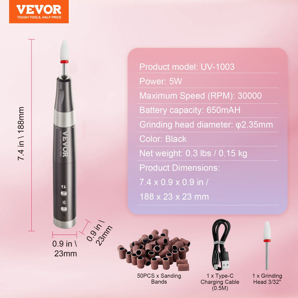 VEVOR Electric Cordless Nail Drill, 30,000RPM Variable-Speed Rechargeable Nail E File Machine, Portable Manicure Pedicure Polisher with 50PCS Sanding Bands for Dead Skin Removal, Nail Surface Smooth - CDSMJDMJBSZCPZS90V9 - view 8