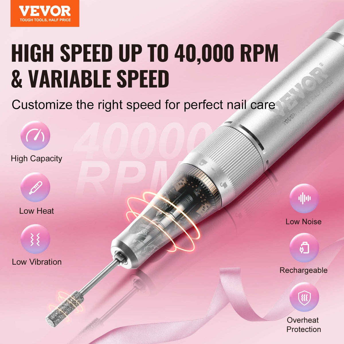 VEVOR Electric Rechargeable Nail Drill, 40,000RPM Portable Cordless Nail E File Machine, LCD-Display Acrylic Gel Grinder Tool with 6 Bits and 50PCS Sanding Bands for Manicure Pedicure Carve Polish - CDSMJDMJBXSZDCD8IV9 - view 3