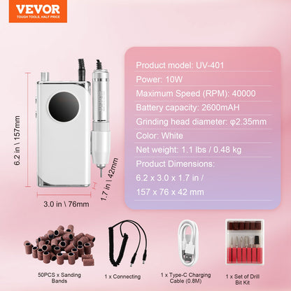VEVOR Electric Rechargeable Nail Drill, 40,000RPM Portable Cordless Nail E File Machine, LCD-Display Acrylic Gel Grinder Tool with 6 Bits and 50PCS Sanding Bands for Manicure Pedicure Carve Polish - CDSMJDMJBXSZDCD8IV9 - view 8