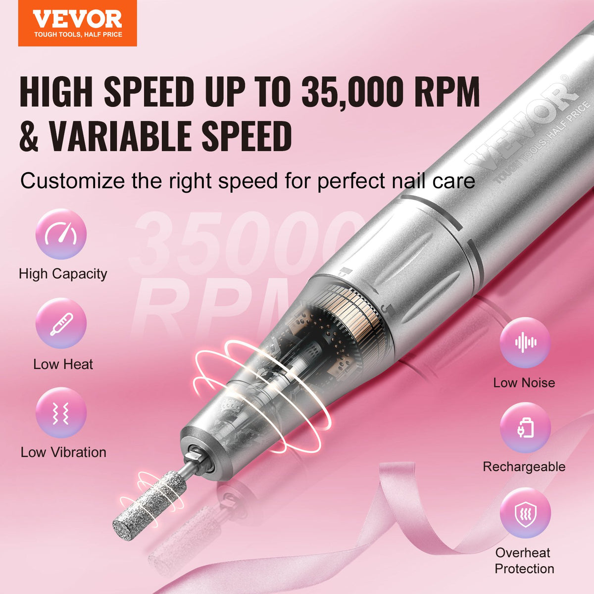 VEVOR Electric Rechargeable Nail Drill, 35,000RPM Portable Cordless Nail E File Machine, LCD-Display Acrylic Gel Grinder Tool with 6 Bits and 50PCS Sanding Bands for Manicure Pedicure Carve Polish - CDSMJDMJBXSZQW53MV9 - view 3