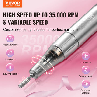 VEVOR Electric Rechargeable Nail Drill, 35,000RPM Portable Cordless Nail E File Machine, LCD-Display Acrylic Gel Grinder Tool with 6 Bits and 50PCS Sanding Bands for Manicure Pedicure Carve Polish - CDSMJDMJBXSZQW53MV9 - view 3