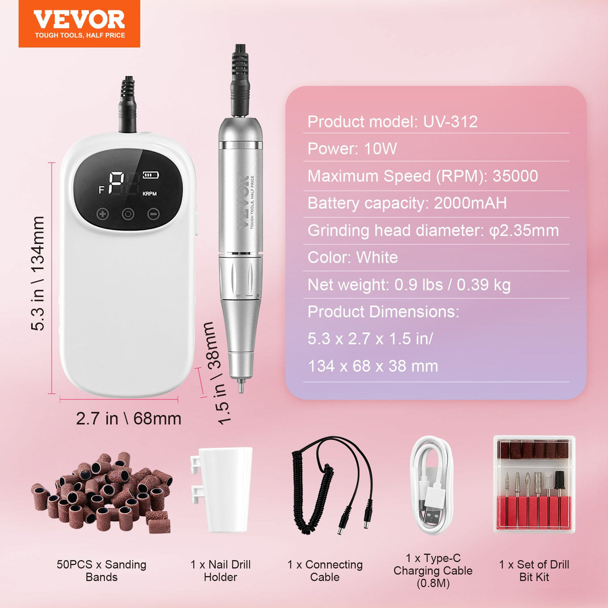 VEVOR Electric Rechargeable Nail Drill, 35,000RPM Portable Cordless Nail E File Machine, LCD-Display Acrylic Gel Grinder Tool with 6 Bits and 50PCS Sanding Bands for Manicure Pedicure Carve Polish - CDSMJDMJBXSZQW53MV9 - view 8