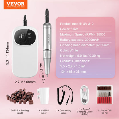 VEVOR Electric Rechargeable Nail Drill, 35,000RPM Portable Cordless Nail E File Machine, LCD-Display Acrylic Gel Grinder Tool with 6 Bits and 50PCS Sanding Bands for Manicure Pedicure Carve Polish - CDSMJDMJBXSZQW53MV9 - view 8