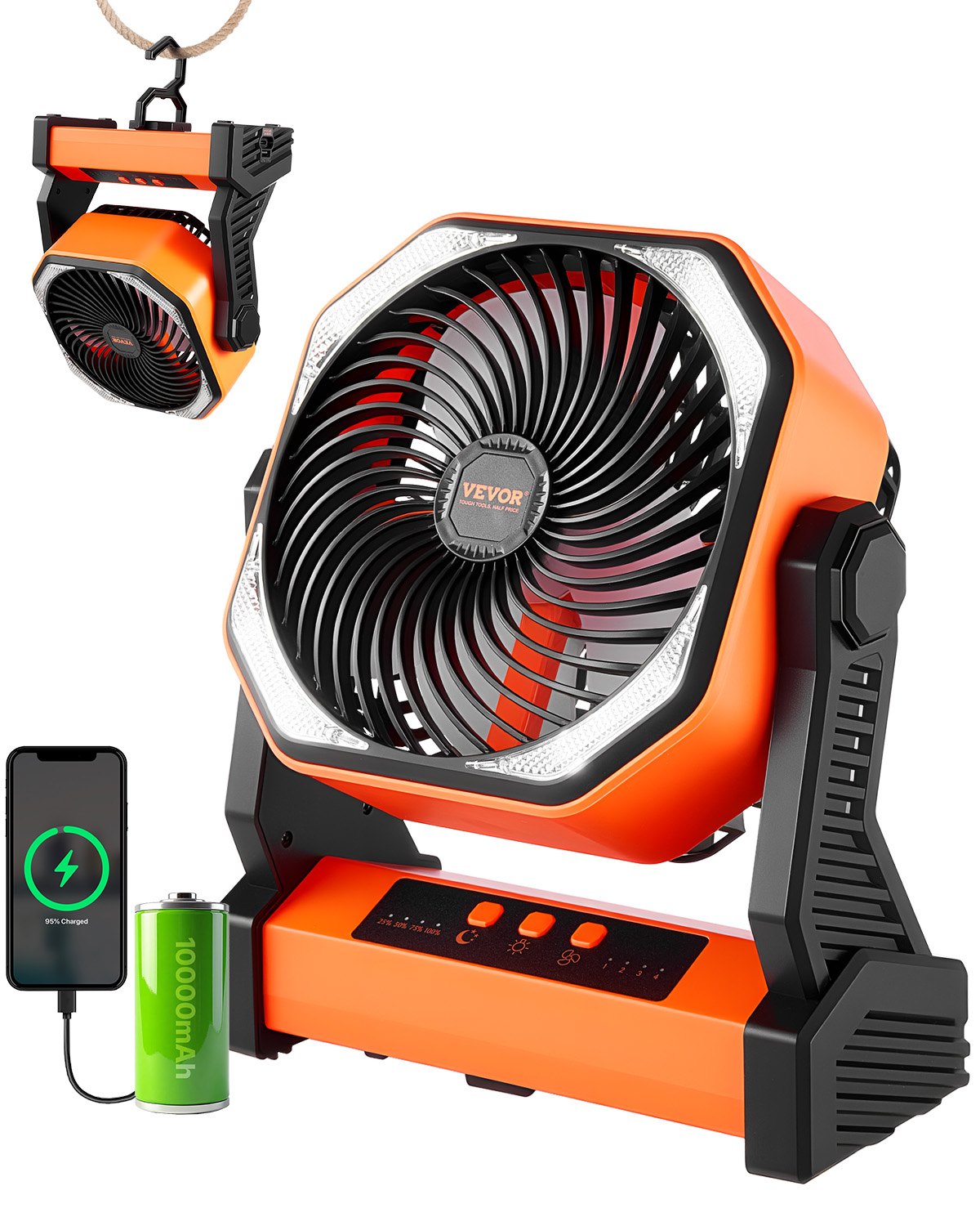 VEVOR 8 inch Rechargeable Camping Fan, Battery Operated with Light & Charging, 4 Speed Portable Outdoor Desktop Fan, 270-degree Manual Tilt for Tent, RV, Car, Travel, Jobsite & Hurricane Power Outages - CDSTS8INCH10B1I1P002V9 - view 1