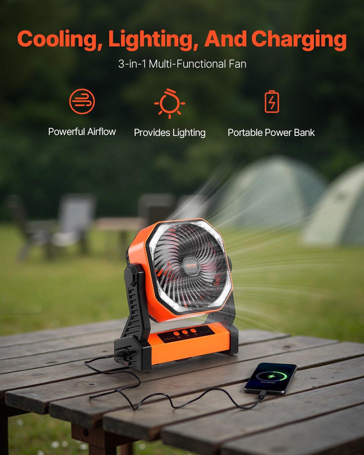 VEVOR 8 inch Rechargeable Camping Fan, Battery Operated with Light & Charging, 4 Speed Portable Outdoor Desktop Fan, 270-degree Manual Tilt for Tent, RV, Car, Travel, Jobsite & Hurricane Power Outages - CDSTS8INCH10B1I1P002V9 - view 3