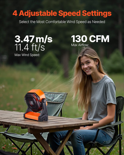 VEVOR 8 inch Rechargeable Camping Fan, Battery Operated with Light & Charging, 4 Speed Portable Outdoor Desktop Fan, 270-degree Manual Tilt for Tent, RV, Car, Travel, Jobsite & Hurricane Power Outages - CDSTS8INCH10B1I1P002V9 - view 4