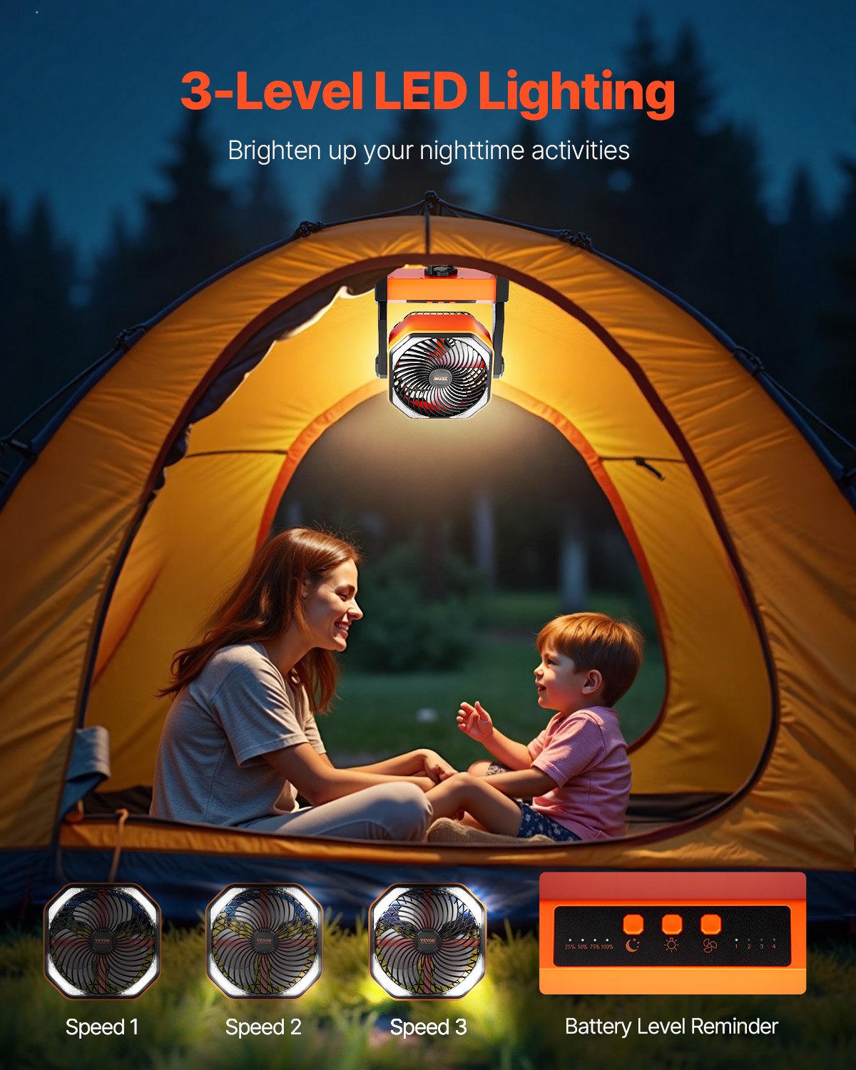 VEVOR 8 inch Rechargeable Camping Fan, Battery Operated with Light & Charging, 4 Speed Portable Outdoor Desktop Fan, 270-degree Manual Tilt for Tent, RV, Car, Travel, Jobsite & Hurricane Power Outages - CDSTS8INCH10B1I1P002V9 - view 6