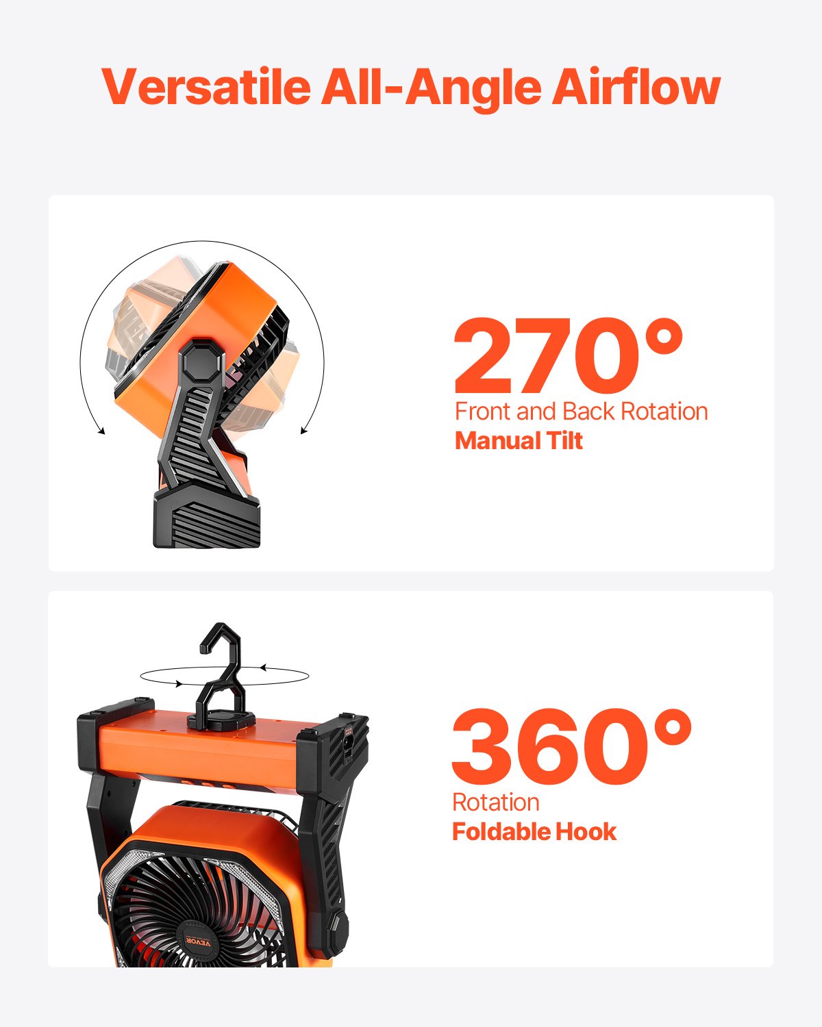 VEVOR 8 inch Rechargeable Camping Fan, Battery Operated with Light & Charging, 4 Speed Portable Outdoor Desktop Fan, 270-degree Manual Tilt for Tent, RV, Car, Travel, Jobsite & Hurricane Power Outages - CDSTS8INCH10B1I1P002V9 - view 7