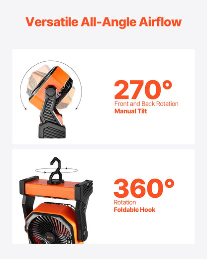 VEVOR 8 inch Rechargeable Camping Fan, Battery Operated with Light & Charging, 4 Speed Portable Outdoor Desktop Fan, 270-degree Manual Tilt for Tent, RV, Car, Travel, Jobsite & Hurricane Power Outages - CDSTS8INCH10B1I1P002V9 - view 7