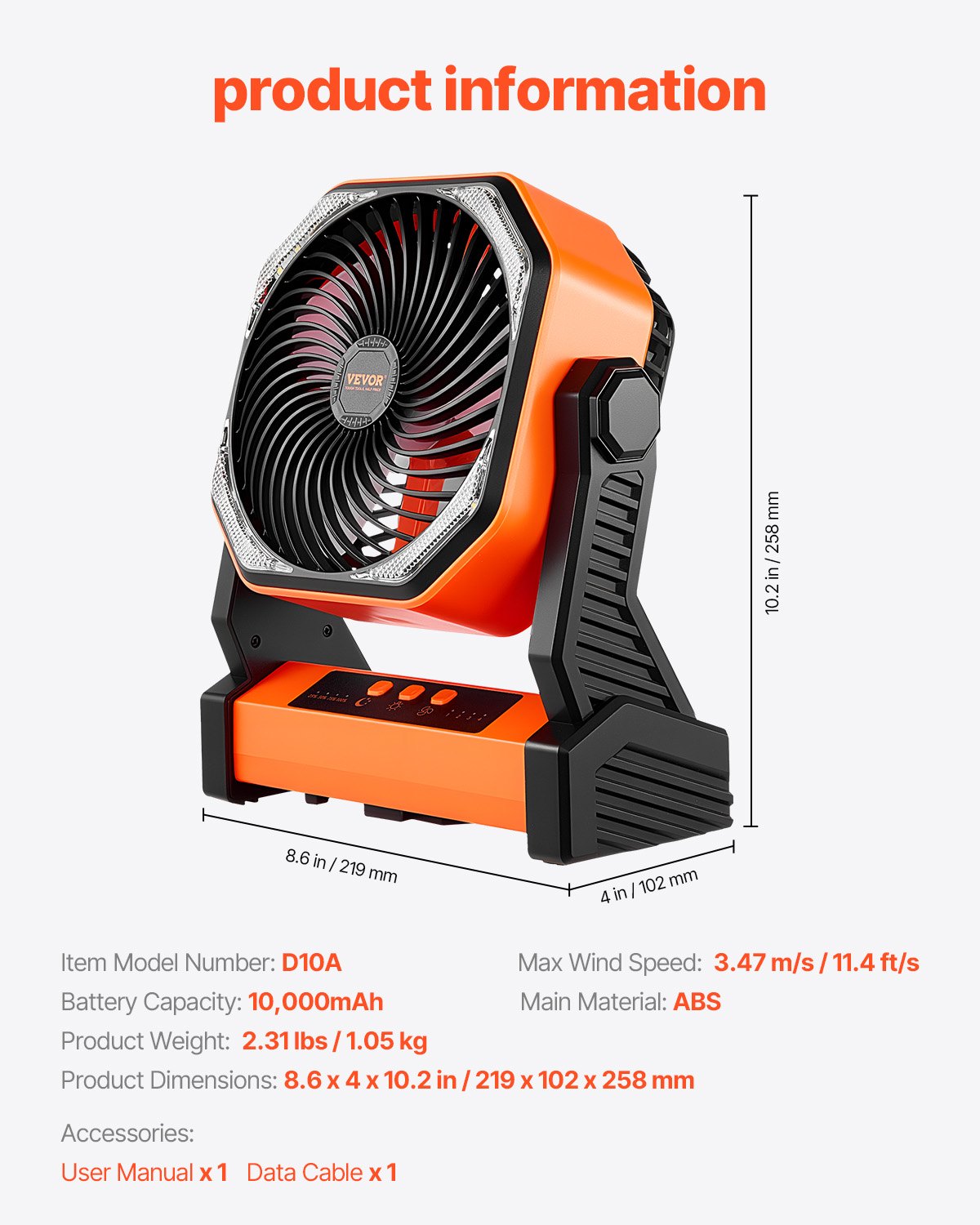 VEVOR 8 inch Rechargeable Camping Fan, Battery Operated with Light & Charging, 4 Speed Portable Outdoor Desktop Fan, 270-degree Manual Tilt for Tent, RV, Car, Travel, Jobsite & Hurricane Power Outages - CDSTS8INCH10B1I1P002V9 - view 8