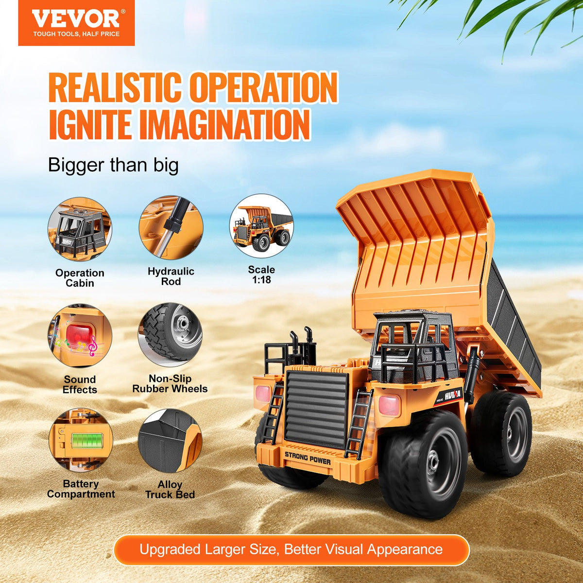 VEVOR RC Dump Truck Toy, 9-Channel 1:18 Scale, Remote Control Dump Truck RC Construction Vehicle Truck Toy with Metal Bed & Light, 2 Rechargeable Batteries for Toddlers Kids Boys and Girls Age 8+ - CDXJSCZ9TDKCLK4N4V9 - view 3
