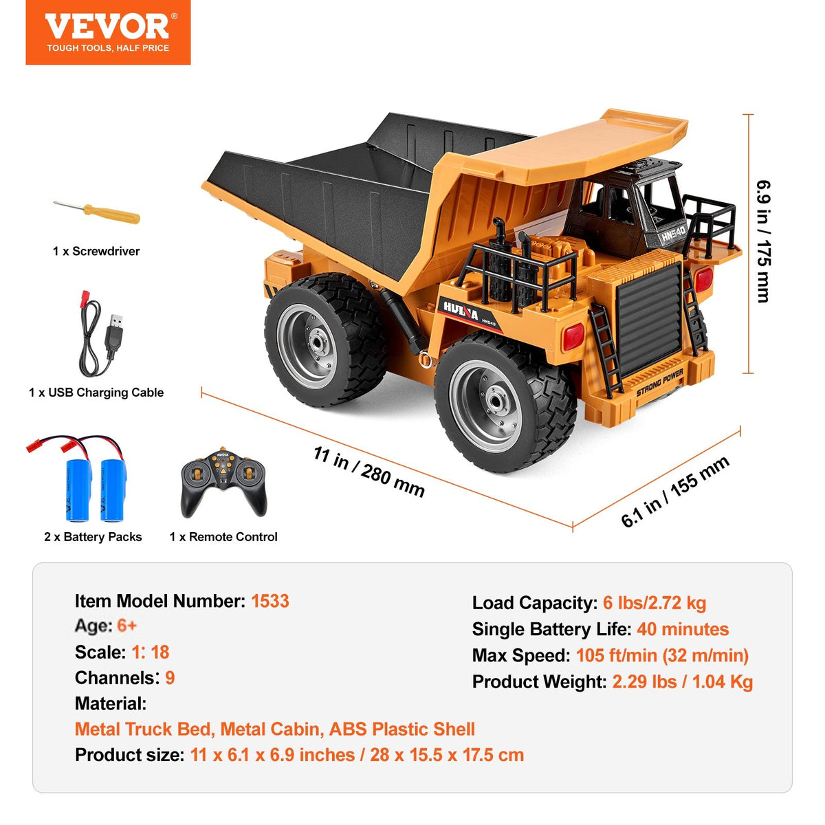 VEVOR RC Dump Truck Toy, 9-Channel 1:18 Scale, Remote Control Dump Truck RC Construction Vehicle Truck Toy with Metal Bed & Light, 2 Rechargeable Batteries for Toddlers Kids Boys and Girls Age 8+ - CDXJSCZ9TDKCLK4N4V9 - view 8