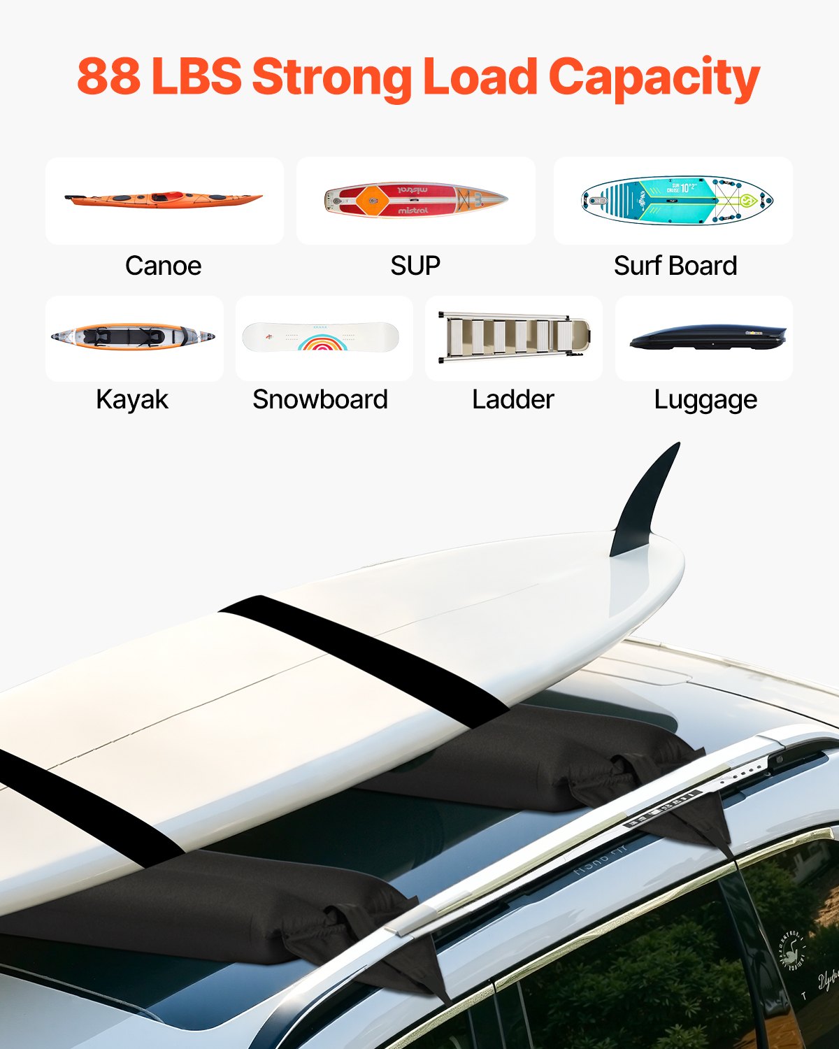 VEVOR Inflatable Soft Roof Rack Bars, 37.6-Inch Universal Car Roof Rack Pads, 88LBS Loading Luggage Kayak Carrier with 2 Tie-Down Straps & Ropes, Hand Air Pump, Storage Bag for Canoes Surfboards SUPs - CDXLJDWXHGJKOWKIKV0 - view 4