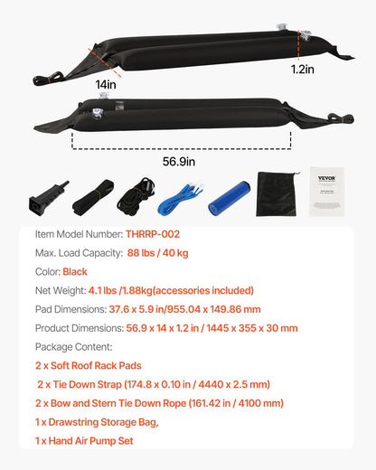 VEVOR Inflatable Soft Roof Rack Bars, 37.6-Inch Universal Car Roof Rack Pads, 88LBS Loading Luggage Kayak Carrier with 2 Tie-Down Straps & Ropes, Hand Air Pump, Storage Bag for Canoes Surfboards SUPs - CDXLJDWXHGJKOWKIKV0 - view 8