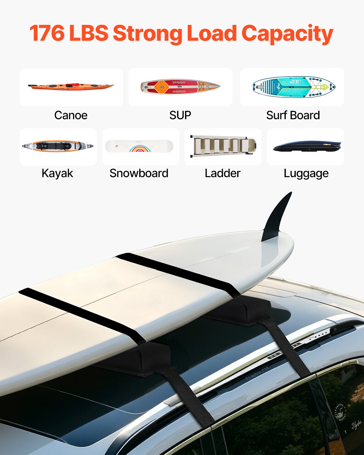 VEVOR Soft Roof Rack Pads, 15.5-Inch Universal Car Roof Rack Pads, 176LBS Loading Capacity Luggage Kayak Carrier with Portable Storage Bag for SUP Canoe Snowboard Paddle Board Surfboard - CDXLJDWXHGJKOZKMCV0 - view 4