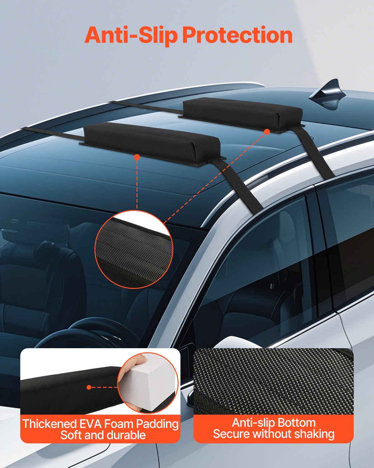 VEVOR Soft Roof Rack Pads, 15.5-Inch Universal Car Roof Rack Pads, 176LBS Loading Capacity Luggage Kayak Carrier with Portable Storage Bag for SUP Canoe Snowboard Paddle Board Surfboard - CDXLJDWXHGJKOZKMCV0 - view 6