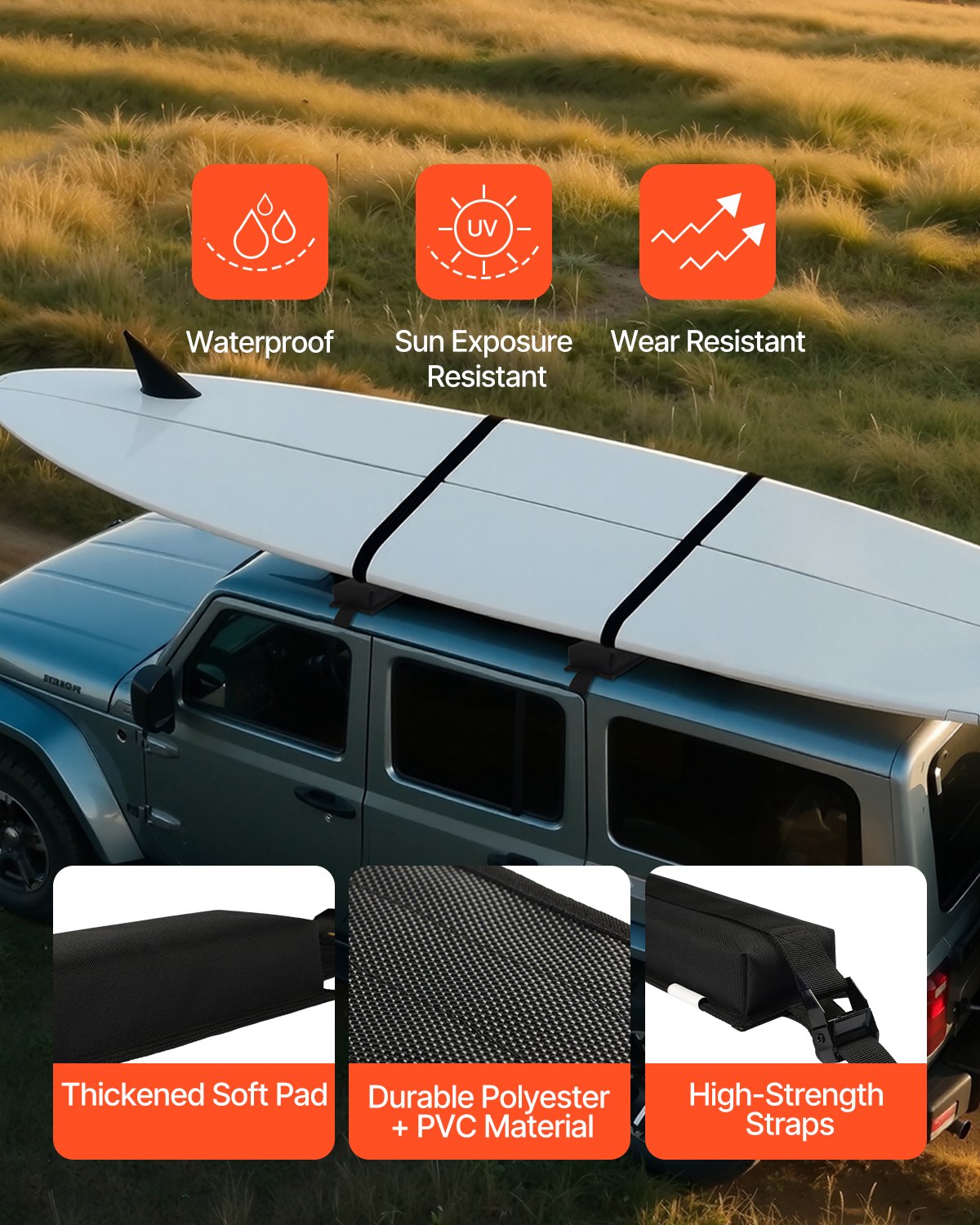 VEVOR Soft Roof Rack Pads, 15.5-Inch Universal Car Roof Rack Pads, 176LBS Loading Capacity Luggage Kayak Carrier with Portable Storage Bag for SUP Canoe Snowboard Paddle Board Surfboard - CDXLJDWXHGJKOZKMCV0 - view 7