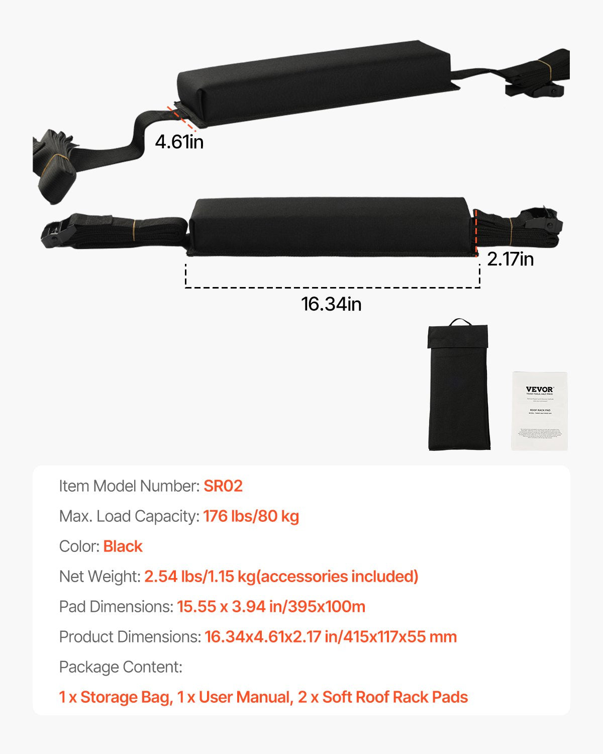 VEVOR Soft Roof Rack Pads, 15.5-Inch Universal Car Roof Rack Pads, 176LBS Loading Capacity Luggage Kayak Carrier with Portable Storage Bag for SUP Canoe Snowboard Paddle Board Surfboard - CDXLJDWXHGJKOZKMCV0 - view 8
