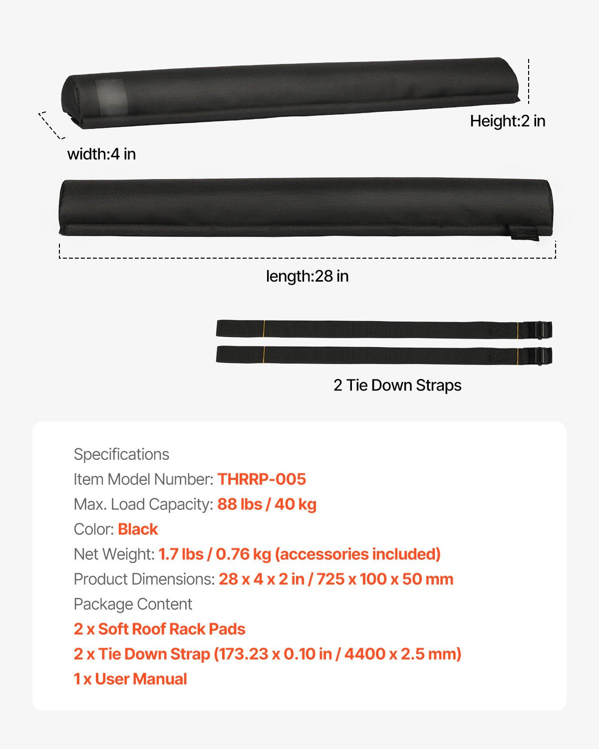 VEVOR Soft Roof Rack Pads, 28" Universal Car Roof Rack Pads for Various Crossbars, 88LBS Load Capacity Luggage Kayak Carrier with 2 Tie Down Straps for SUPs Canoes Snowboards Paddle Boards - CDXLJDXHGJKHR1COVV0 - view 8