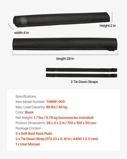 VEVOR Soft Roof Rack Pads, 28" Universal Car Roof Rack Pads for Various Crossbars, 88LBS Load Capacity Luggage Kayak Carrier with 2 Tie Down Straps for SUPs Canoes Snowboards Paddle Boards - CDXLJDXHGJKHR1COVV0 - view 8