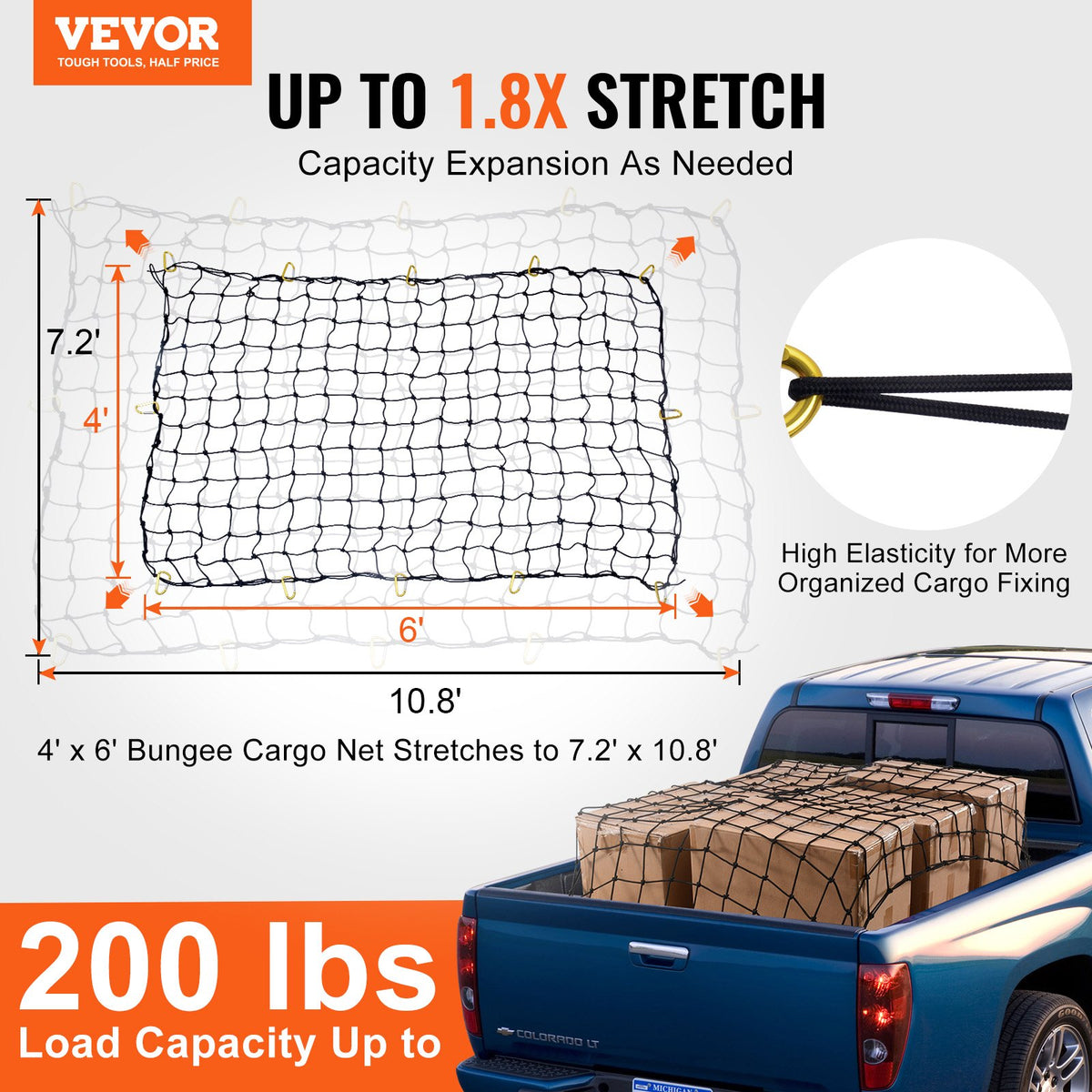 VEVOR Cargo Net, 72 in x 48 in, Heavy Duty Bungee Cargo Netting with 12 Carabiners, 4' x 6' Stretches to 7.2' x 10.8', Wear-resistant & Weather-proof, Suitable for Pickup, Truck, Jeep, SUV, Trailer - CDXLW7248INCDU0L0V0 - view 3