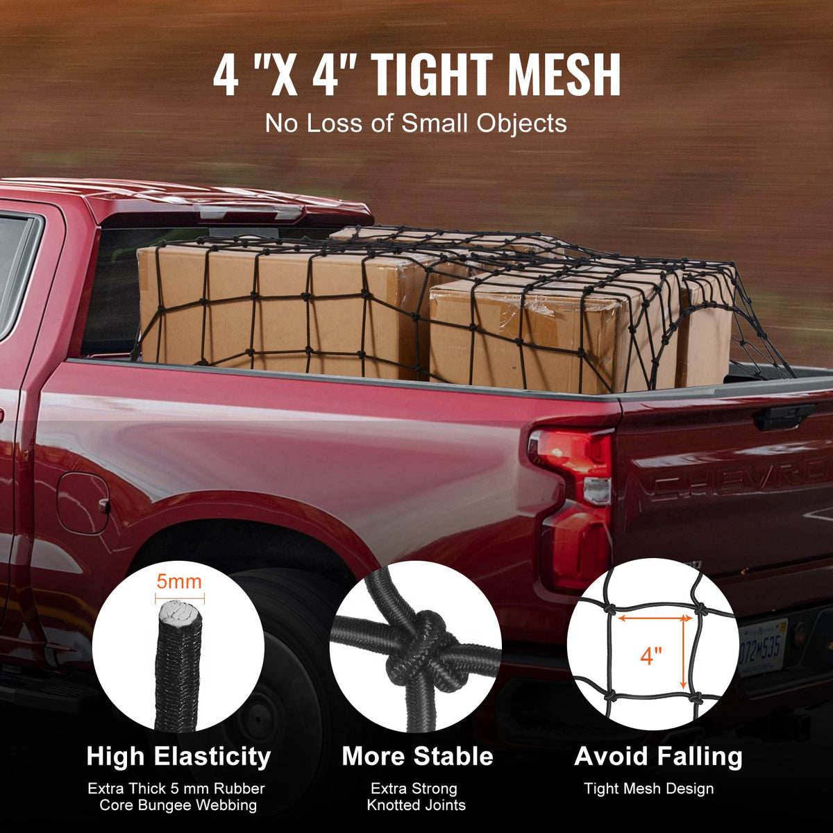 VEVOR Cargo Net, 72 in x 48 in, Heavy Duty Bungee Cargo Netting with 12 Carabiners, 4' x 6' Stretches to 7.2' x 10.8', Wear-resistant & Weather-proof, Suitable for Pickup, Truck, Jeep, SUV, Trailer - CDXLW7248INCDU0L0V0 - view 4