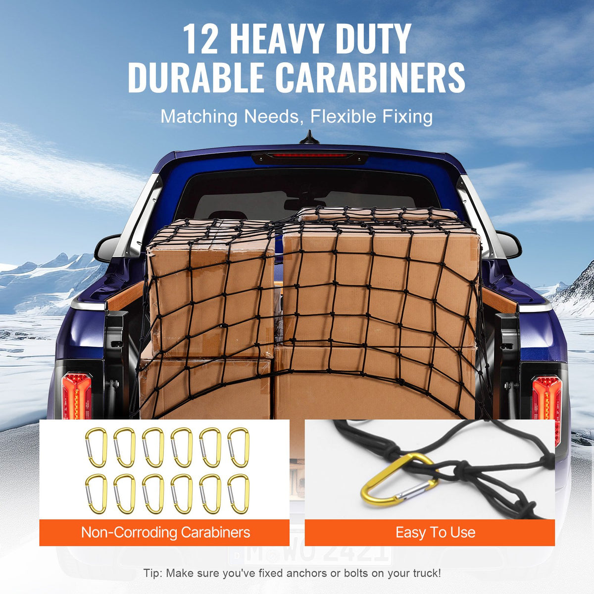 VEVOR Cargo Net, 72 in x 48 in, Heavy Duty Bungee Cargo Netting with 12 Carabiners, 4' x 6' Stretches to 7.2' x 10.8', Wear-resistant & Weather-proof, Suitable for Pickup, Truck, Jeep, SUV, Trailer - CDXLW7248INCDU0L0V0 - view 5