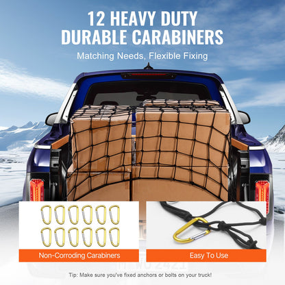 VEVOR Cargo Net, 72 in x 48 in, Heavy Duty Bungee Cargo Netting with 12 Carabiners, 4' x 6' Stretches to 7.2' x 10.8', Wear-resistant & Weather-proof, Suitable for Pickup, Truck, Jeep, SUV, Trailer - CDXLW7248INCDU0L0V0 - view 5